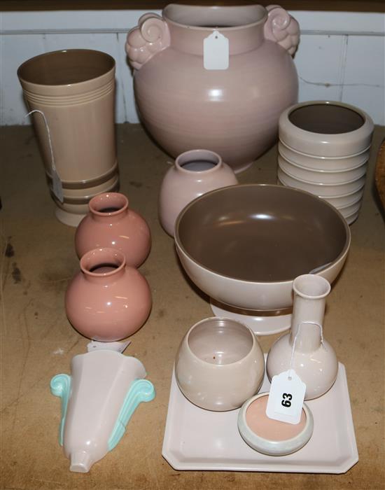 Poole Pottery pink ground large vase with moulded handles and various Poole pink and bown-glazed wares(-)